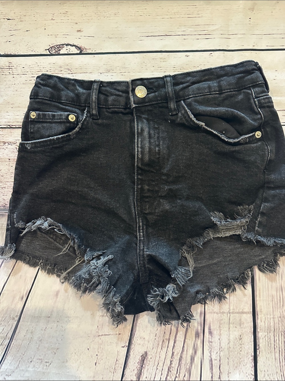 Zara Black Distressed Frayed Denim Shorts